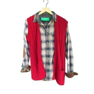 Vintage 60s Sears Red Open Front Knit Cardigan Sweater Vest M Orlon Grid USA